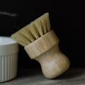 Wooden brush with bristles next to a white container on a dark background